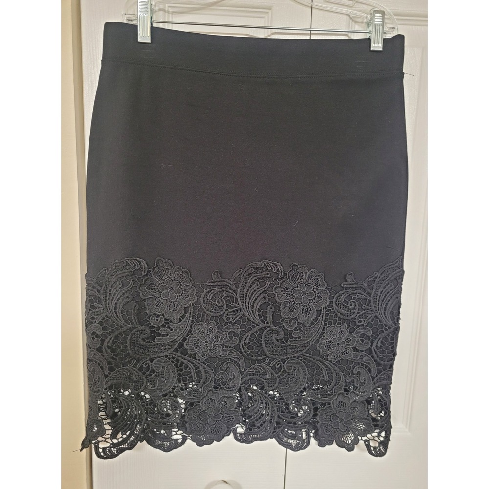 Black Lace Hem Womens Pencil Skirt Floral Goth Crochet Chic Knit Size L